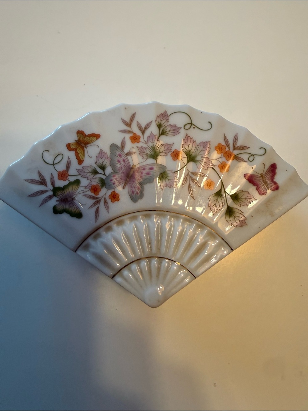 Vintage 1980 fan shaped trinket box Butterfly fantasy .